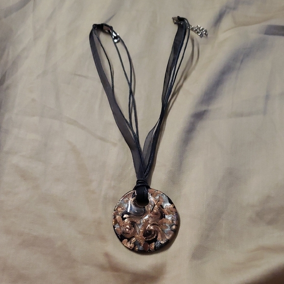 Vintage Hand Blown Glass Pendant Necklace, Sparkling Brown Gold Black Bronze. - Picture 2 of 9